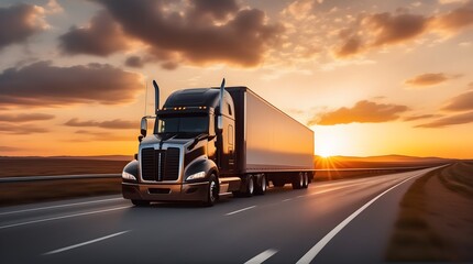 Semi truck driving on a road. Semi truck shipping commercial cargo in refrigerated semi trailer. Truck is driving fast with a blurry environment. Concept of cargo transportation and delivery of goods.