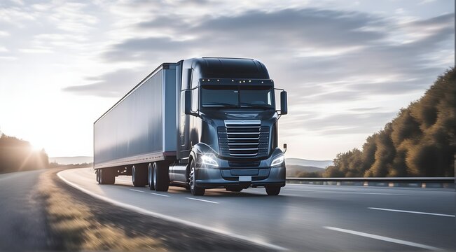 Semi truck driving on a road. Semi truck shipping commercial cargo in refrigerated semi trailer. Truck is driving fast with a blurry environment. Concept of cargo transportation and delivery of goods.