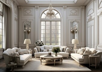 Fototapeta na wymiar Beautiful luxurious interior house with white walls and decor.