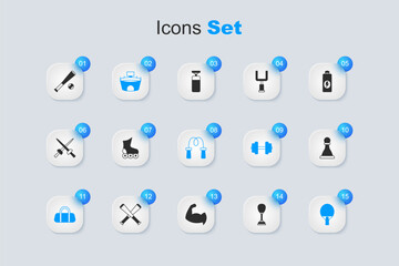 Set Punching bag, Roller skate, Stadium, Sport, Racket, Chess, Baseball bat with ball and Jump rope icon. Vector