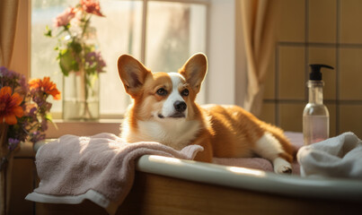 Corgi enjoys a sunny spa day, relaxing on a blanket.