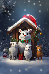 Forest Animal Family Posing For Christmas Photo, Forest Animals Posing For Holiday Picture