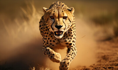 Majestic cheetah sprints across a dusty desert road.