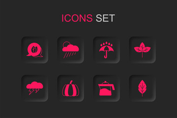 Set Pumpkin, Cloud with rain and sun, Leaf, Teapot, Umbrella drops and lightning icon. Vector