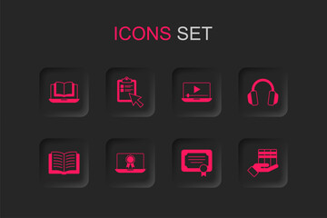 Set Online education with diploma, quiz, test, survey, class, Certificate template, Headphones, Book donation, play video and Open book icon. Vector
