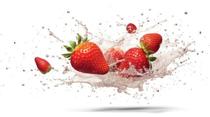 flying slices of strawberry with water splash on white background