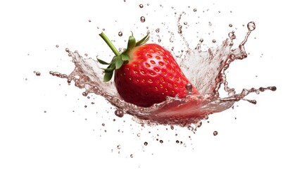flying slices of strawberry with water splash on white background