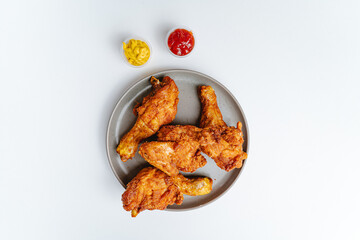 Plate of fried chicken legs in overhead view