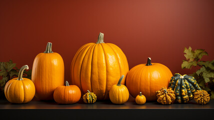 Background of pumpkins and gourds orange color