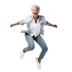Afro senior woman jumping isolated on white or transparent background. AI Generated.