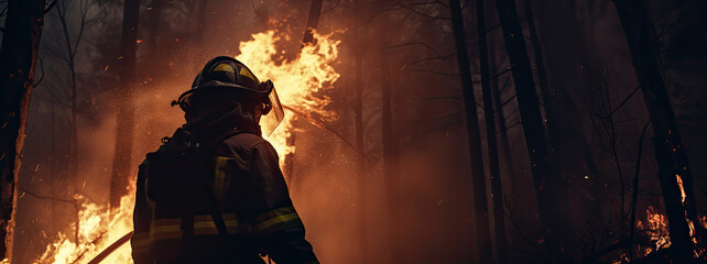 Brave Firefighter Battling an Intense Inferno, soldier  facing danger in a large panorama banner, wallpaper 