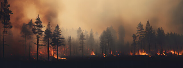 silhouette of a forest in the smoke of a fire, a ravaging blaze consumes a dense forest, foggy and stifling atmosphere,  panorama of a landscape in fire