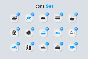 Set Rice in a bowl, Homemade pie, Traditional tea ceremony, Dumpling, Sushi, Wonton and Ramen soup icon. Vector