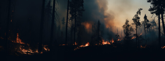 panorama of a dark devastated forest, wildlife on fire, dramatic and dark atmosphere, black smoke