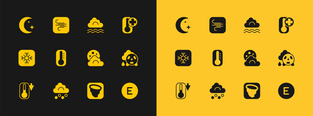 Set Thermometer, Hail cloud, Cloud with moon, Tornado, Fog and, Moon stars and Wind icon. Vector