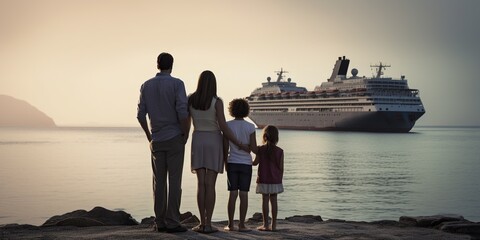 Distressed family at the harbor, watching as their cruise ship sails away, realizing their missed vacation , concept of Lost opportunity - obrazy, fototapety, plakaty