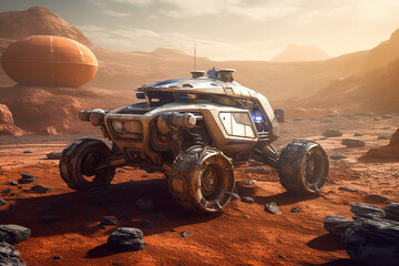 Witness the future with a high tech  rover car venturing across the desolate landscapes of Mars or a distant celestial planet. Ai generated - obrazy, fototapety, plakaty