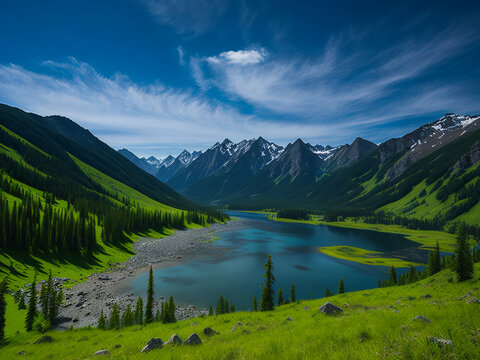Fantastically beautiful landscape. Mountains, rivers, lakes. AI