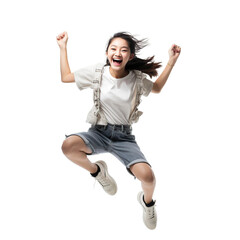 Asian young woman jumping isolated on white or transparent background. AI Generated.