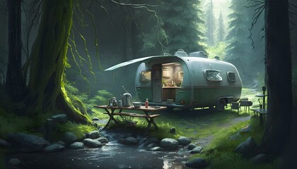 car with caravan attached in the forest stream in the foreground morning lights haze camping table with breakfast on it  - obrazy, fototapety, plakaty