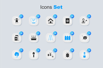 Set Colorado beetle, Plant in pot, Leaf, Tree, Flower, Wheelbarrow, Automatic irrigation sprinklers and Wooden staircase icon. Vector