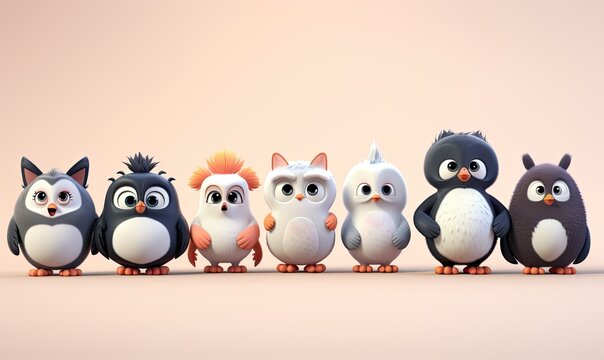 Photo of three adorable cartoon penguins posing together