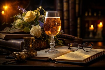 Beer in glass drink on the table with books