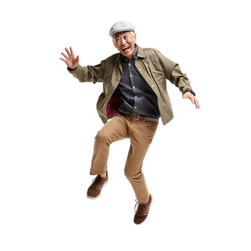 Asian senior man jumping isolated on white or transparent background. AI Generated image.