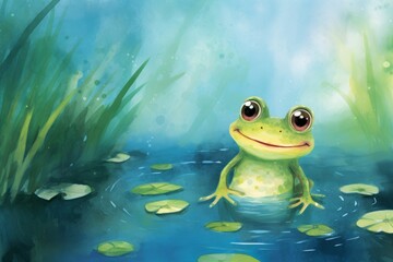 Cute frog in a pond, cartoon style