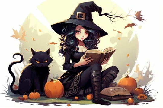 Cute cartoon witch is with black cat. In Halloween style hat