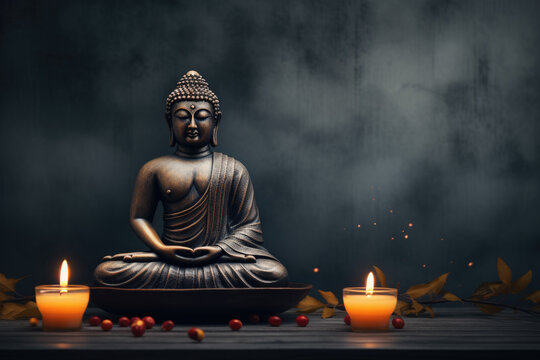 Buddha statue in lotus pose at grey background with copy space