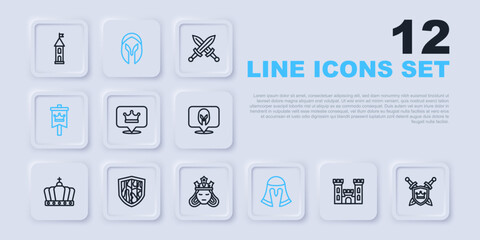 Set line Castle, Shield with swords, King crown, Medieval helmet, flag, and Princess queen icon. Vector