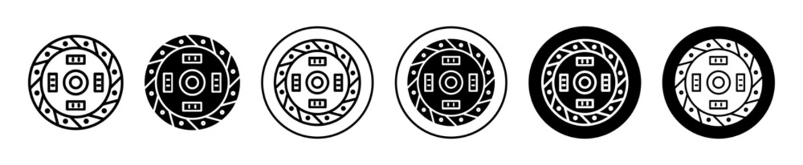 Car Clutch Plate icon. Automobile vehicle friction clutch plate symbol set. Motor transmission foot clutch pedal vector sign. Hydraulic or electric disc shoe brake clutch plate line logo - obrazy, fototapety, plakaty