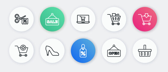 Set line Discount percent tag, Add to Shopping cart, Hanging sign with text Open, and food, on screen laptop, basket and Woman shoe icon. Vector