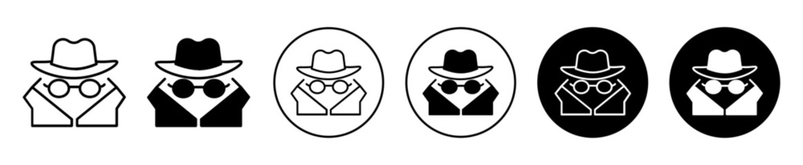 Spy agent icon. Browser incognito search by anonymous mafia or thief symbol set. Spy person in black coat and sunglasses vector sign. Fraud detective agent to investigate criminal case line logo.