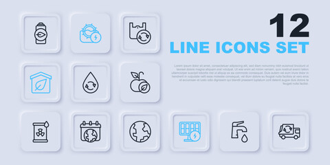 Set line Water tap, Garbage truck, Recycle clean aqua, Solar energy panel, Eco friendly house, World Earth day, mill and globe icon. Vector