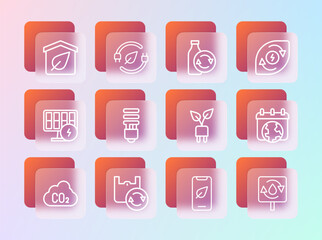 Set line Water energy, Shopping bag with recycle, Electric saving plug leaf, Mobile phone, LED light bulb, Recycling plastic bottle, Eco friendly house and icon. Vector