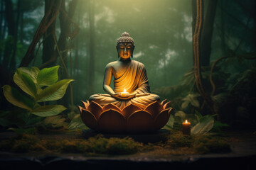 Buddha statue in forest environment in lotus pose