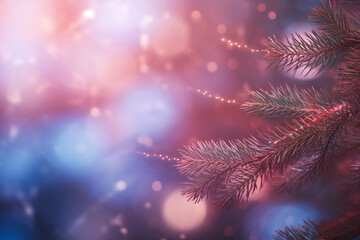 Christmas festive tree branch with blur background and copy space. Generative AI