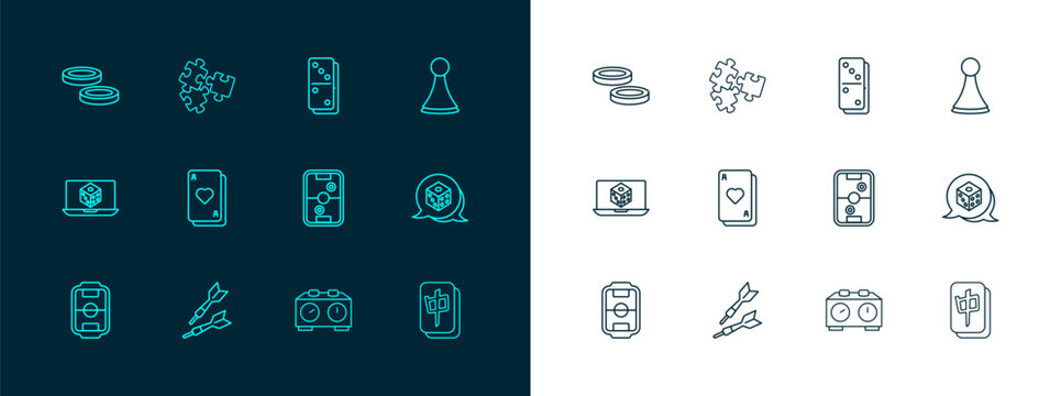 Set line Chip for board game, Dart arrow, Air hockey table, Time chess clock, Playing cards, Domino, Checker chips and Puzzle pieces toy icon. Vector