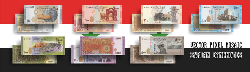 Vector set of pixel mosaic banknotes of Syria. Collection of bills in denominations of 50, 100, 200, 500, 1000, 2000 and 5000 Syrian pounds. Play money or flyers. - obrazy, fototapety, plakaty