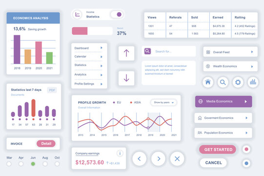 User interface elements set for accounting mobile app. Kit template with HUD diagrams, profile, statistics dashboard, financial data graphs, calendar. Pack of UI, UX, GUI screens. Vector components.