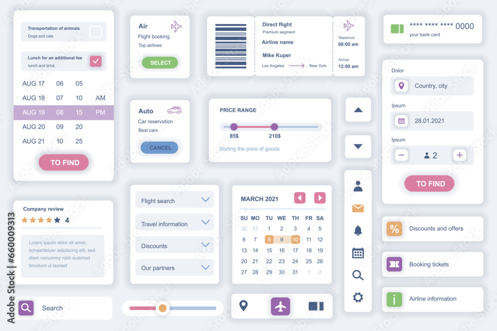Poster user interface elements set for booking mobile app. kit template with hud diagrams, airline ticket, 