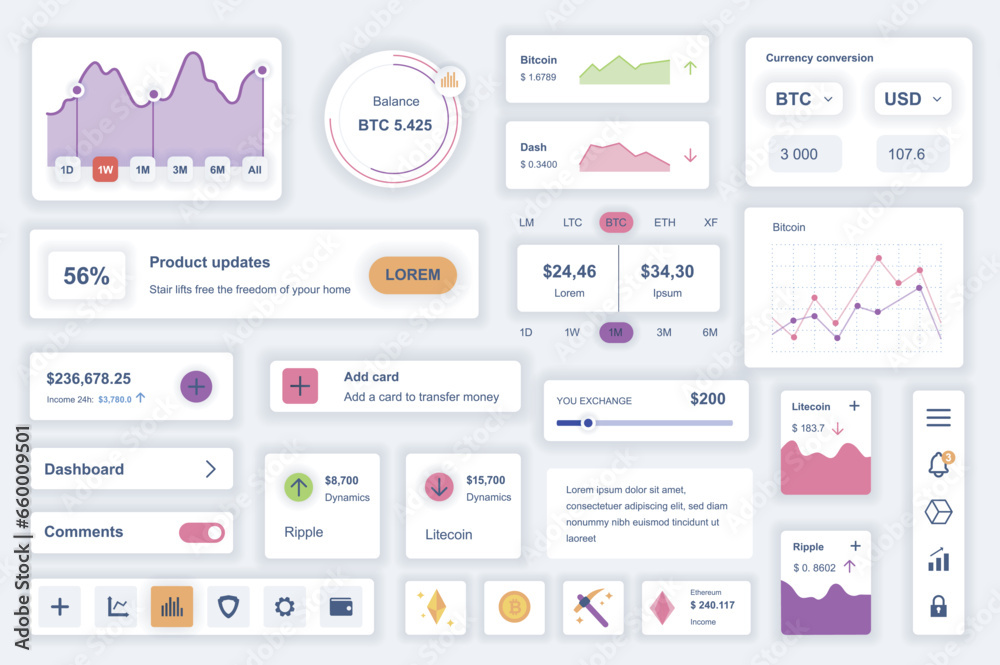Wall mural user interface elements set for cryptocurrency mobile app. kit template with hud diagrams, profit in