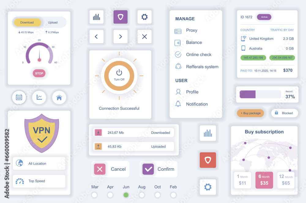 Poster User interface elements set for cyber security mobile app. Kit template with HUD diagrams, vpn shield, connection information, download and upload data. Pack of UI, UX, GUI screens. Vector components.