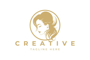 Illustration of women's hairstyle icon, logo with women's face. Vector beauty concept.