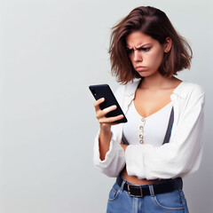 Fototapeta premium Female mobile user model annoyed expression