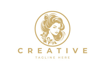 Illustration of women's hairstyle icon, logo with women's face. Vector beauty concept. - obrazy, fototapety, plakaty