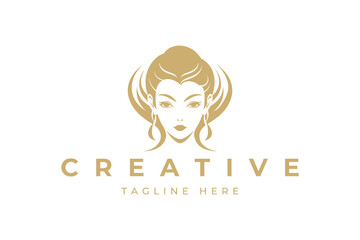 Illustration of women's hairstyle icon, logo with women's face. Vector beauty concept.