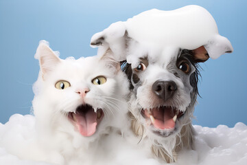 Smiling wet puppy dog and fluffy cat taking bath with soap bubble foam on head , Just washed cute dog and white tabby kitten on blue background.